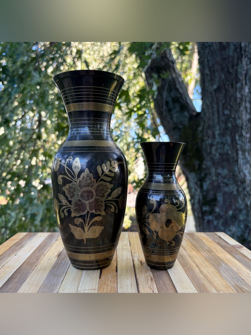 Vintage 70’s-80’s floral etched design brass vases (set of 2)